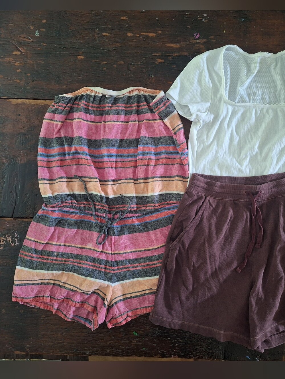 Old Navy Pink Multi-Stripe Tube Top & White Tee with Brown Shorts